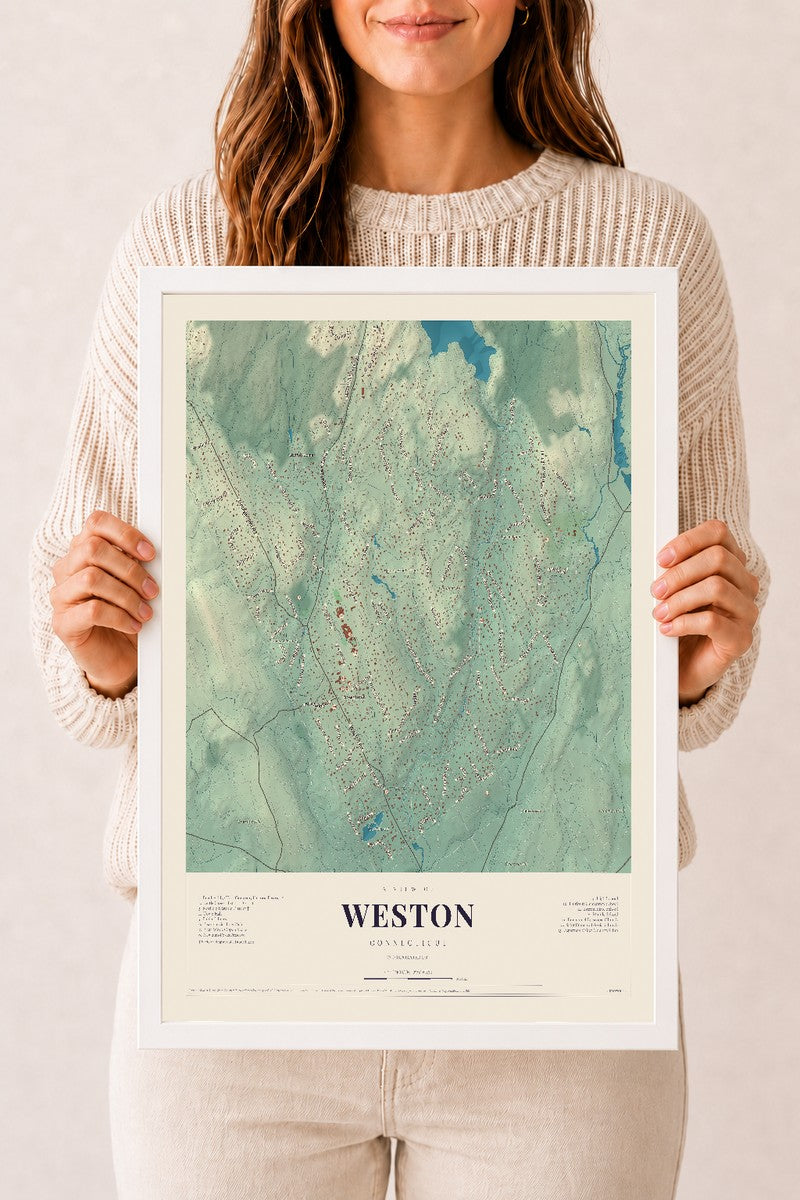 Weston, Connecticut map print, 12" x 18", W/ White Ayous Wood Frame