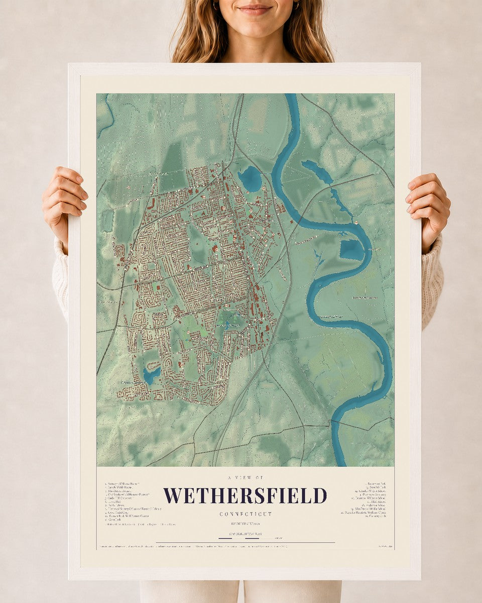 Wethersfield, Connecticut map print, 24" x 36", W/ White Ayous Wood Frame