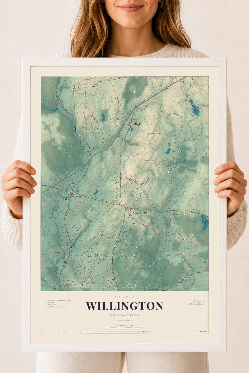 Willington, Connecticut map print, 18" x 24", W/ White Ayous Wood Frame
