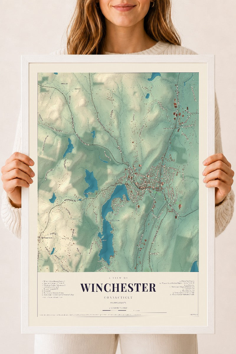 Winchester, Connecticut map print, 18" x 24", W/ White Ayous Wood Frame