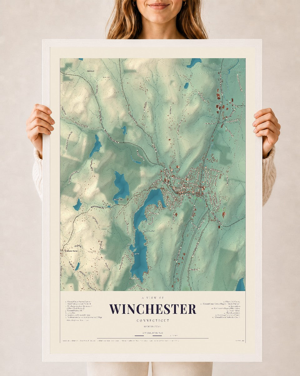 Winchester, Connecticut map print, 24" x 36", W/ White Ayous Wood Frame