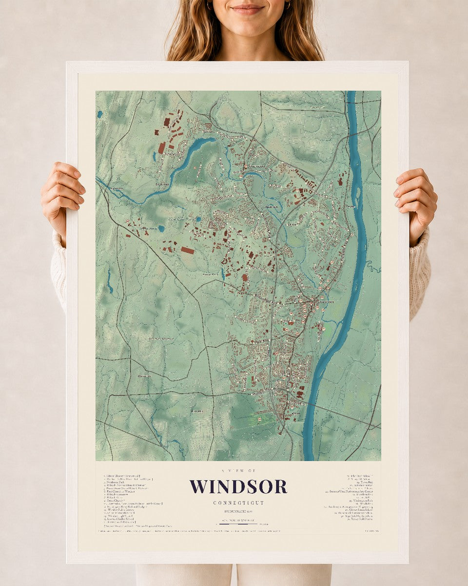 Windsor, Connecticut map print, 24" x 36", W/ White Ayous Wood Frame