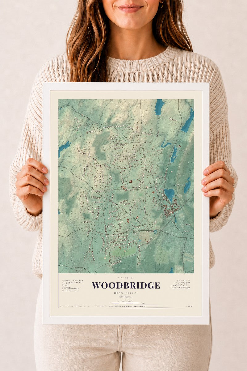 Woodbridge, Connecticut map print, 12" x 18", W/ White Ayous Wood Frame