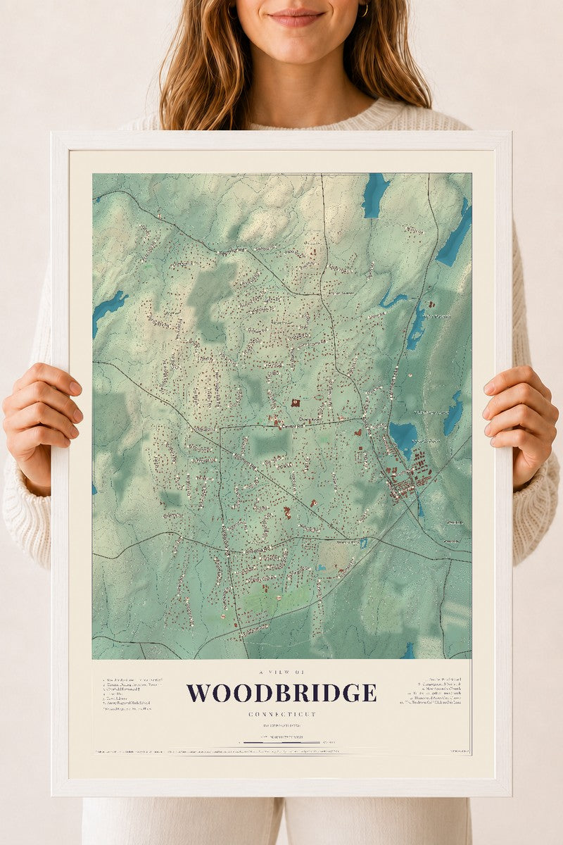 Woodbridge, Connecticut map print, 18" x 24", W/ White Ayous Wood Frame
