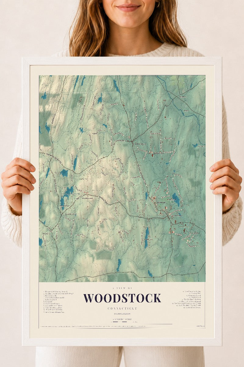 Woodstock, Connecticut map print, 18" x 24", W/ White Ayous Wood Frame