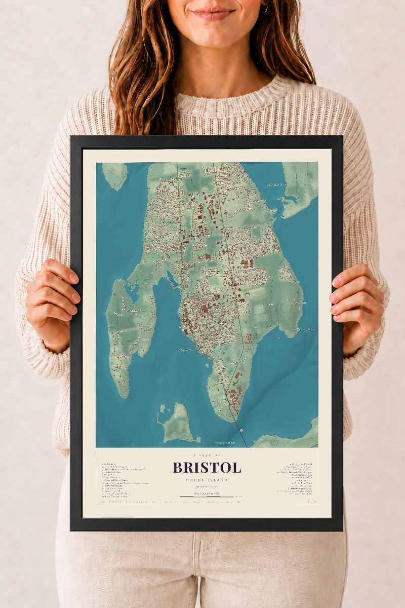 Bristol, Rhode Island map print, 12" x 18", W/ Black Ayous Wood Frame