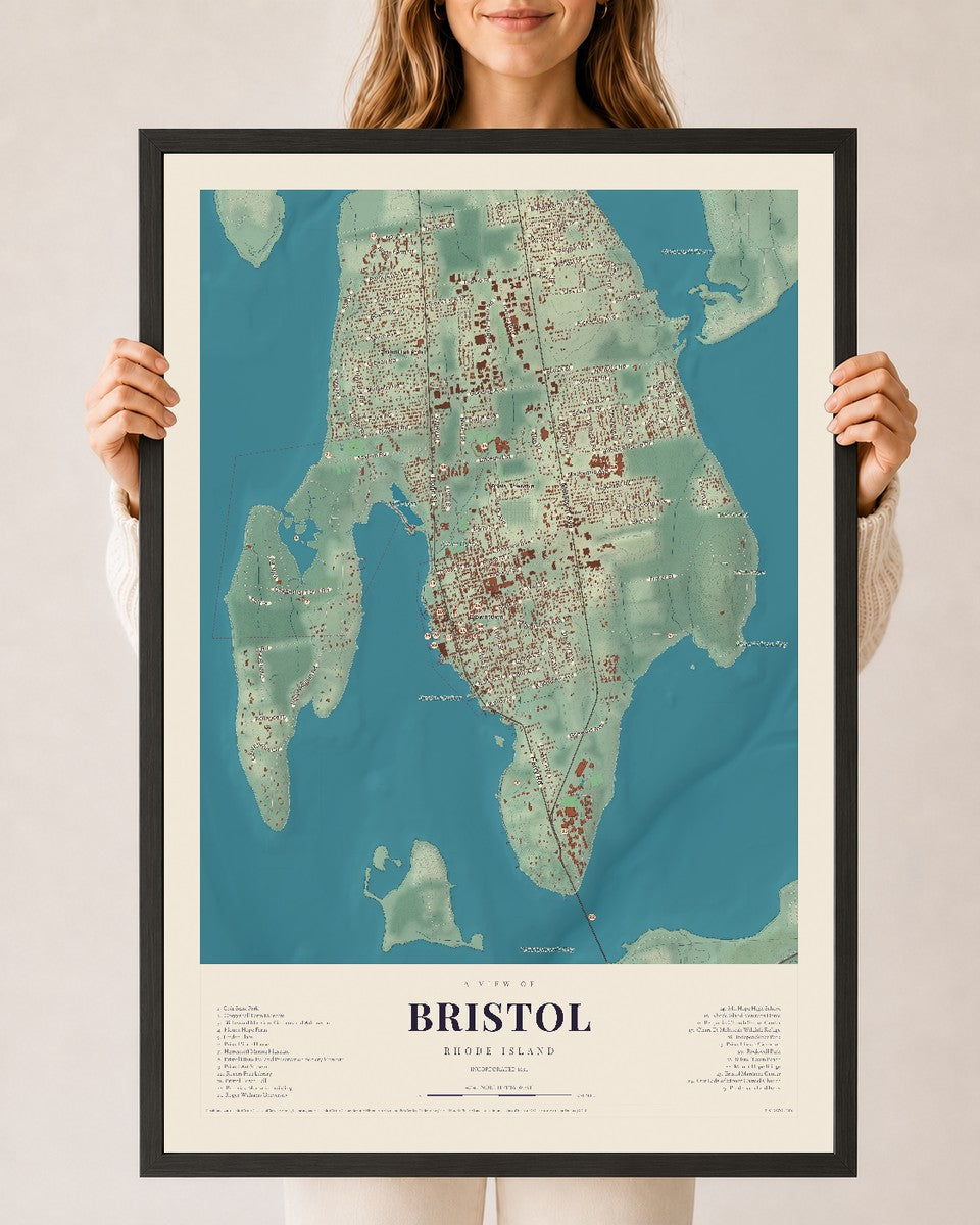 Bristol, Rhode Island map print, 24" x 36", W/ Black Ayous Wood Frame