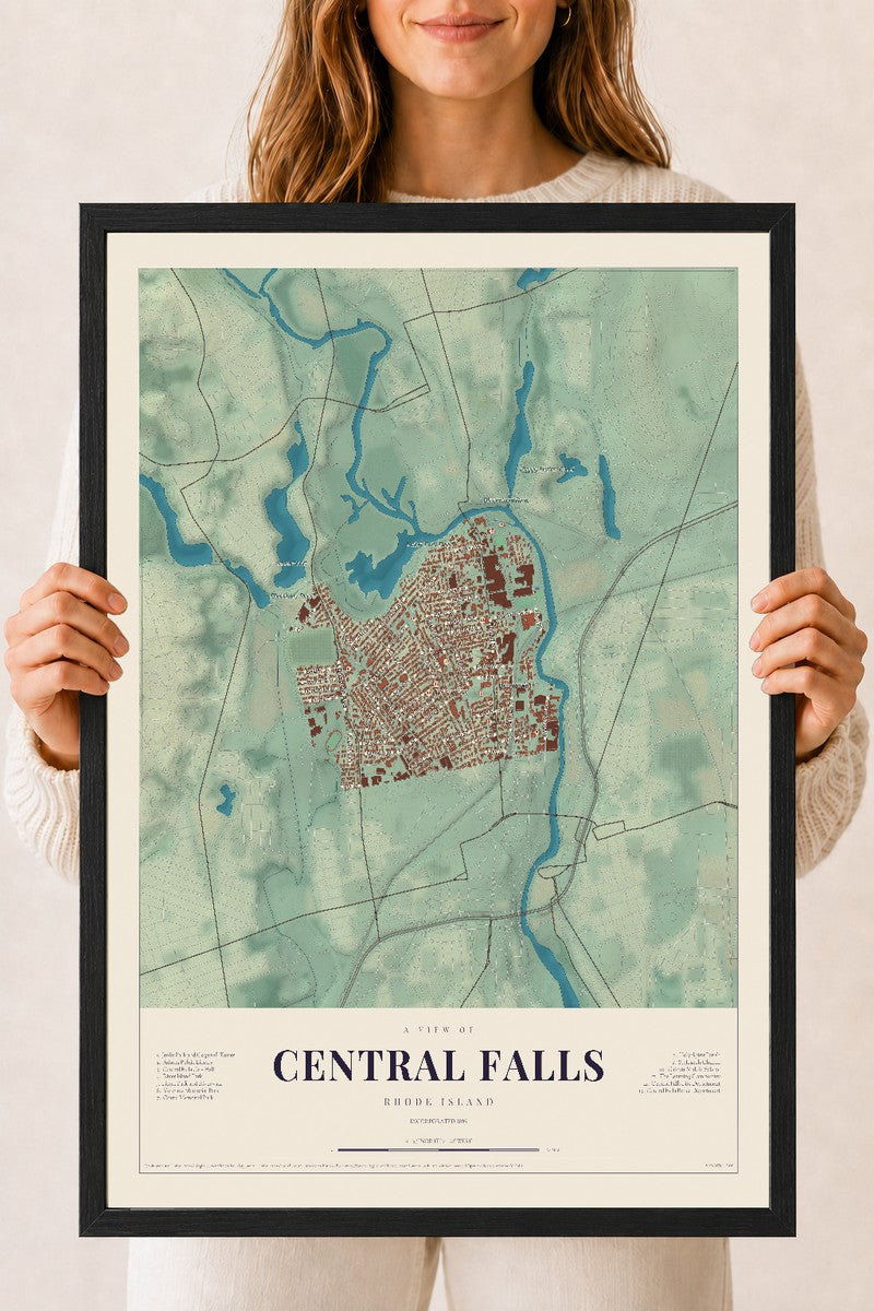 Central Falls, Rhode Island map print, 18" x 24", W/ Black Ayous Wood Frame