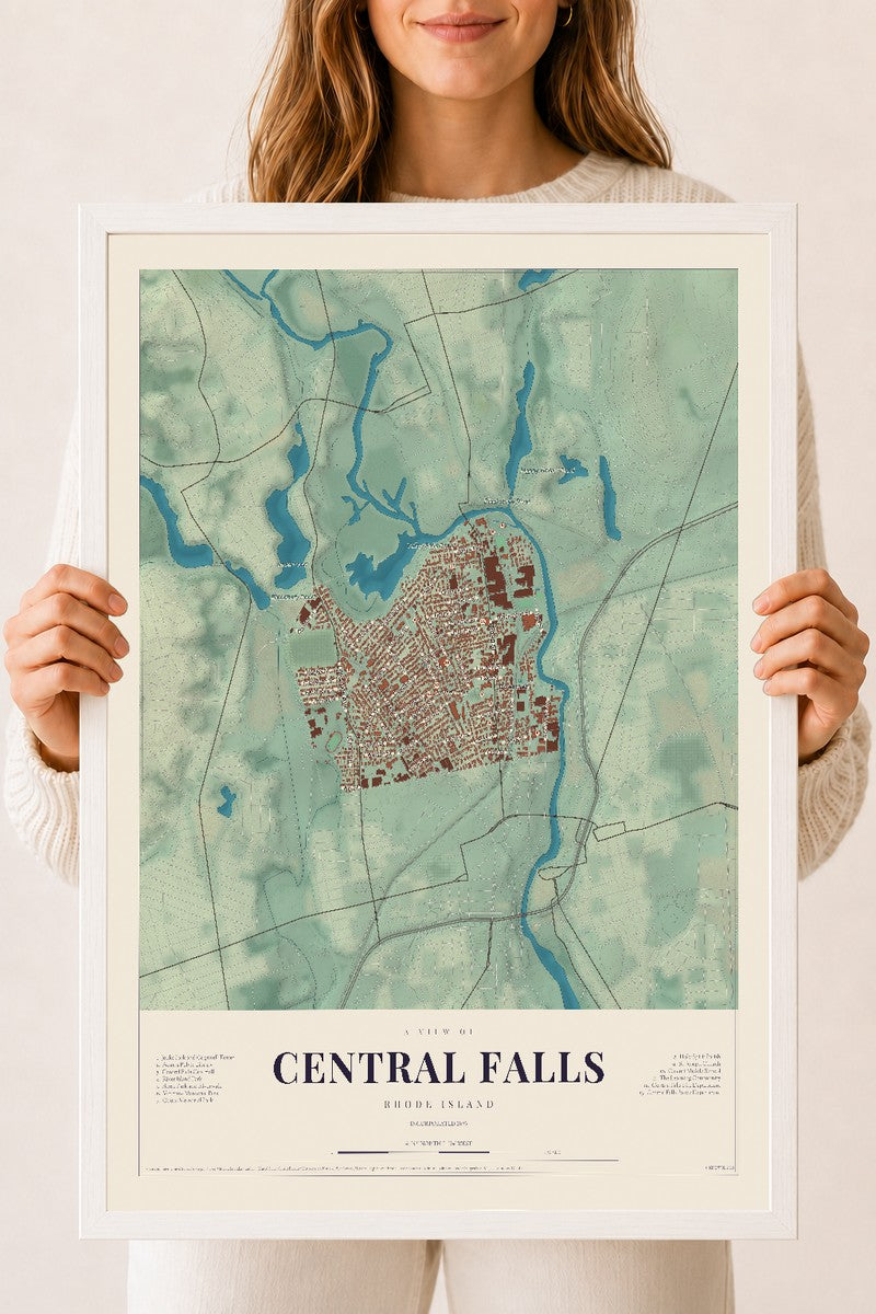 Central Falls, Rhode Island map print, 18" x 24", W/ White Ayous Wood Frame