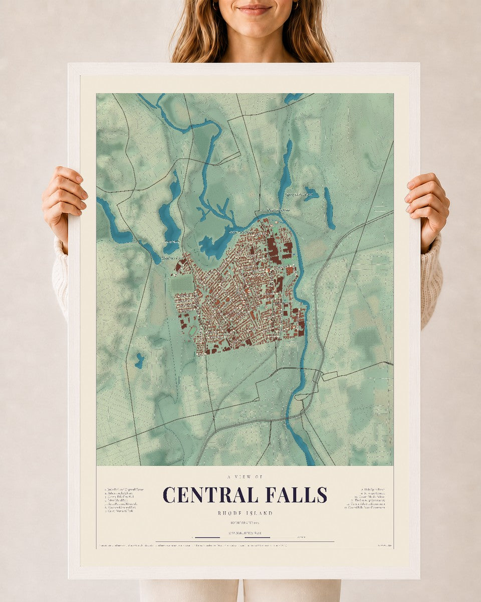 Central Falls, Rhode Island map print, 24" x 36", W/ White Ayous Wood Frame