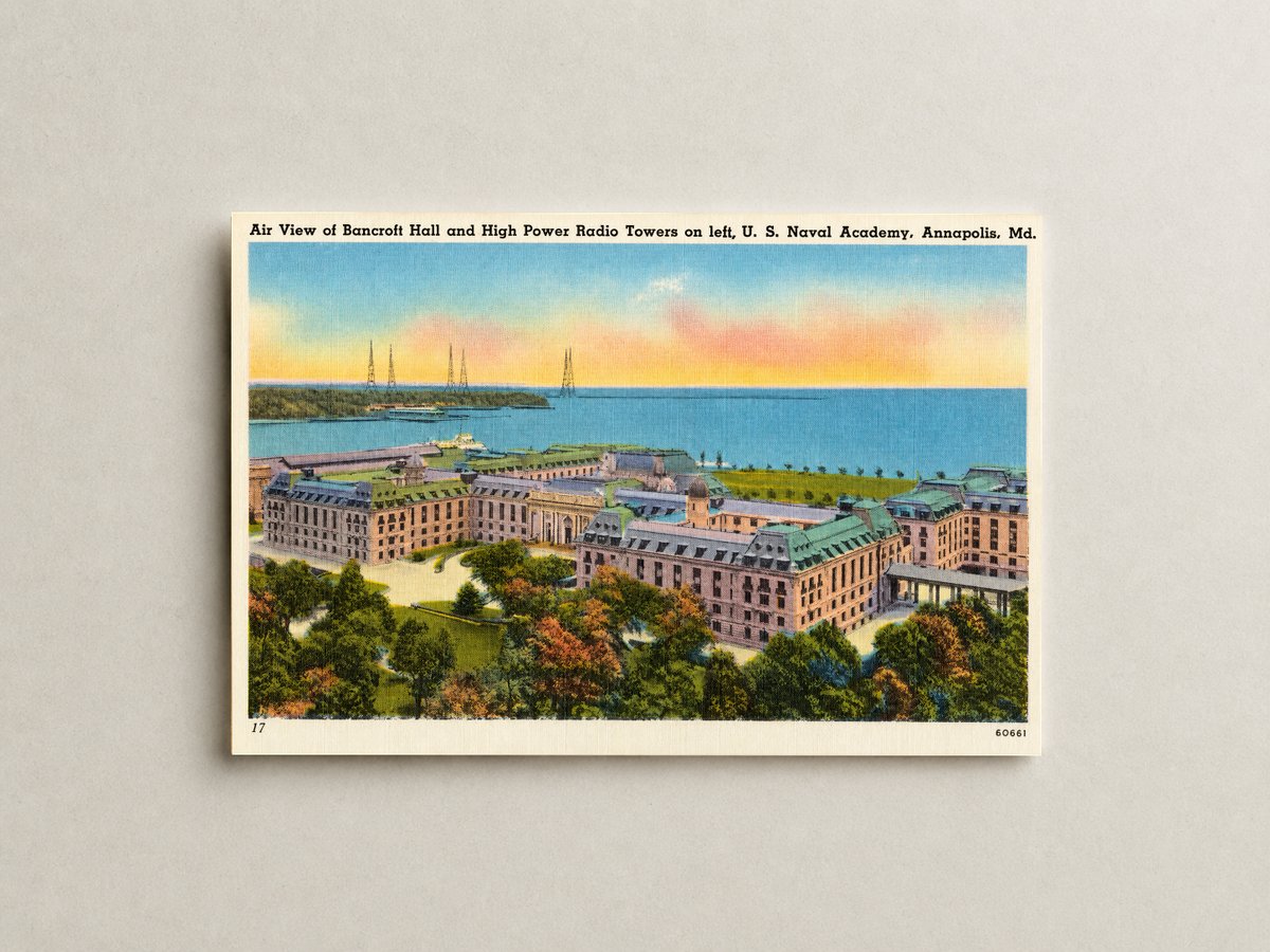 Air view of Bancroft Hall and high power radio towers at left, U. S. Naval Academy, Annapolis, MD — Vintage Maryland Postcard