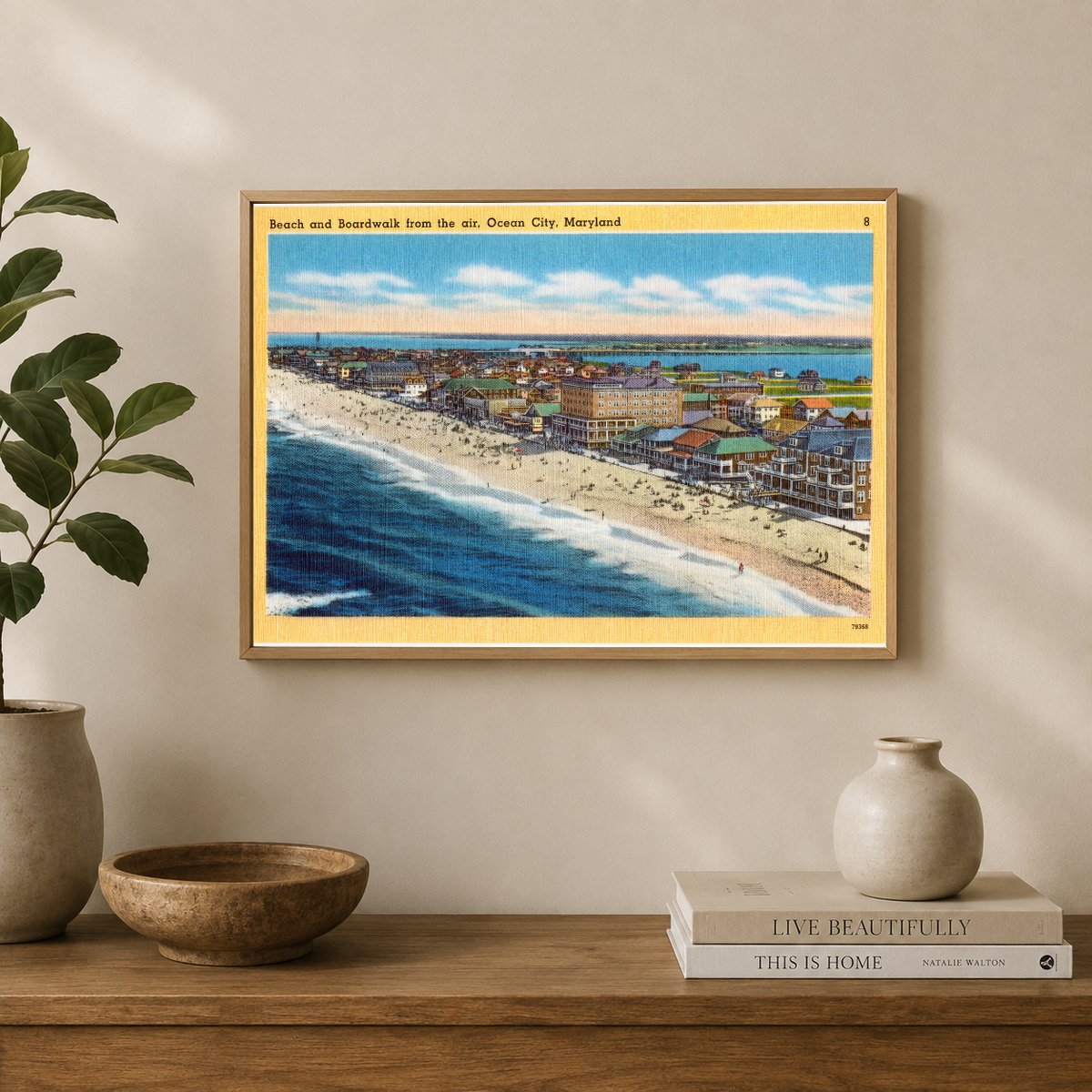 Beach and boardwalk from the air, Ocean City, Maryland — Vintage Maryland Postcard