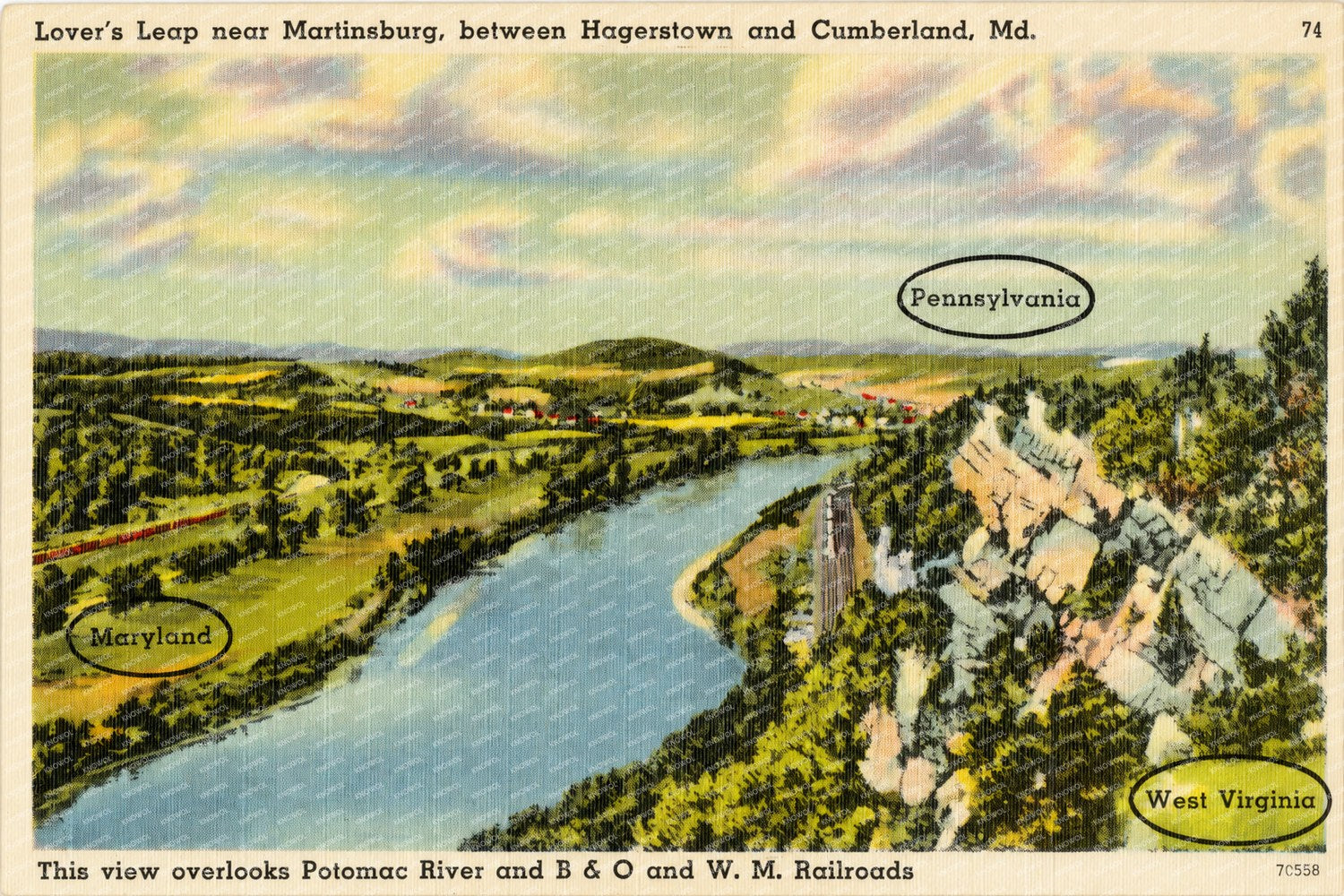 Lover's Leap near Martinsburg, between Hagerstown and Cumberland, MD This view overlooks Potomac River & B & O and W. M. Railroads. — Vintage Maryland Postcard