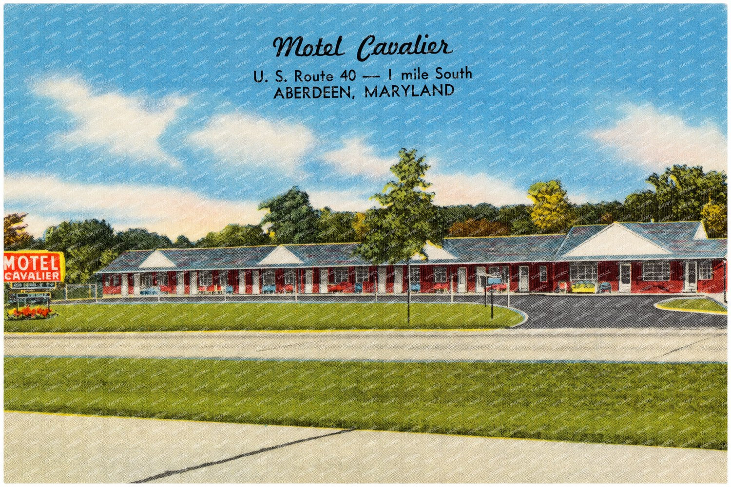 Motel Cavalier, U. S. Route 40 -- 1 mile south, Aberdeen, Maryland — Vintage Maryland Postcard