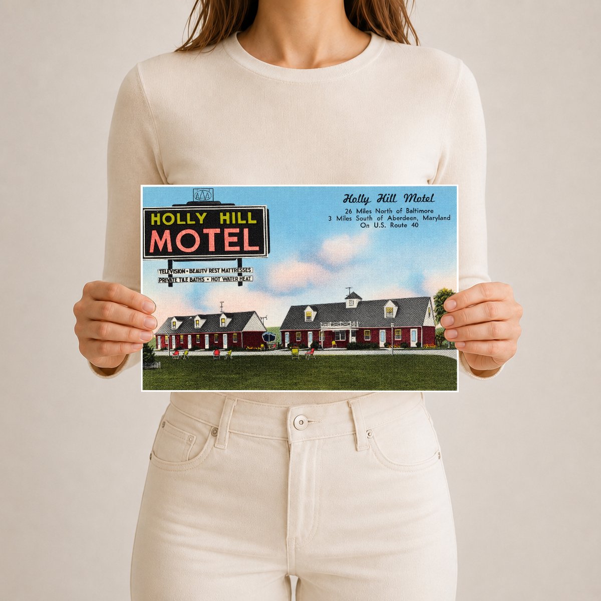 Holly Hill Motel, 26 miles north of Baltimore, 3 miles south of Aberdeen, Maryland, on U. S. Route 40 — Vintage Maryland Postcard