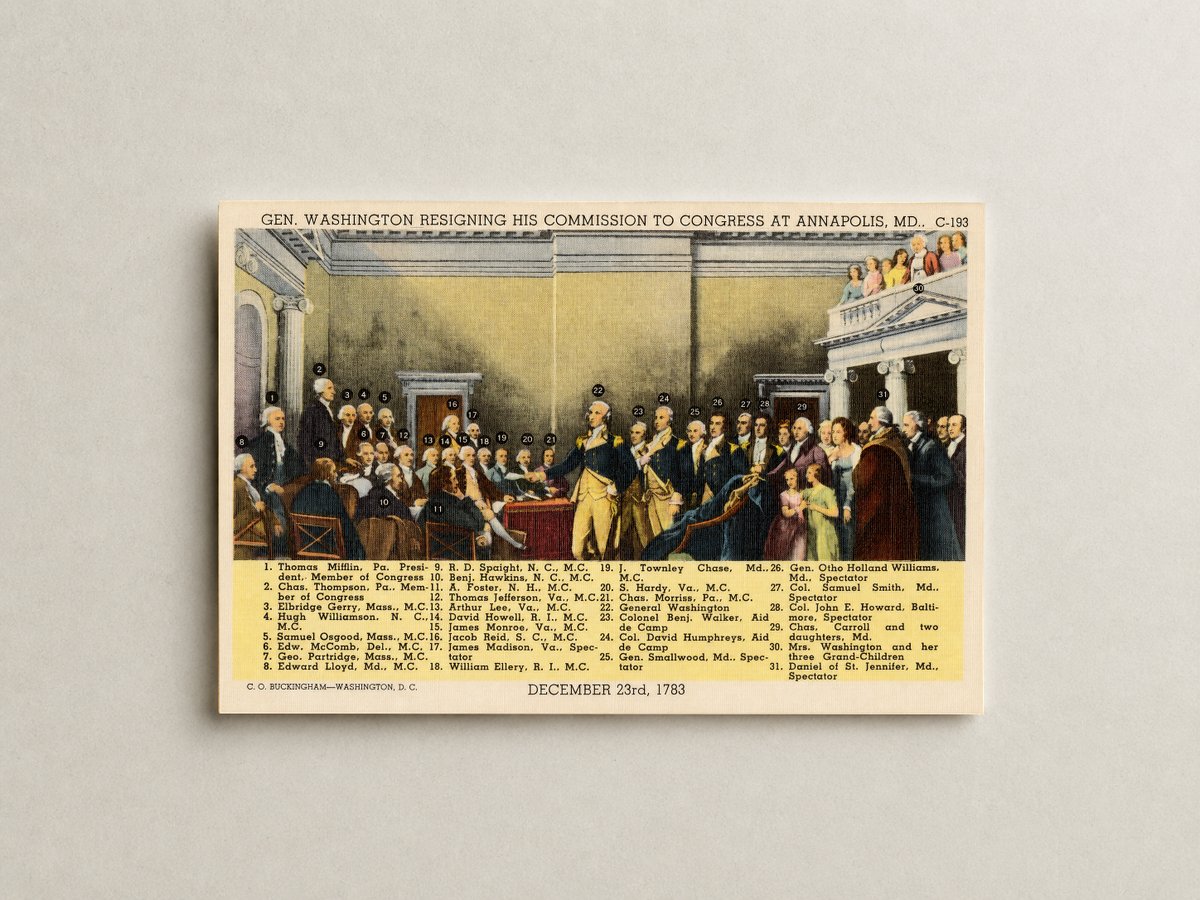 Gen. Washington resigning his commission to congress at Annapolis, M. D., December 23rd, 1783 — Vintage Maryland Postcard
