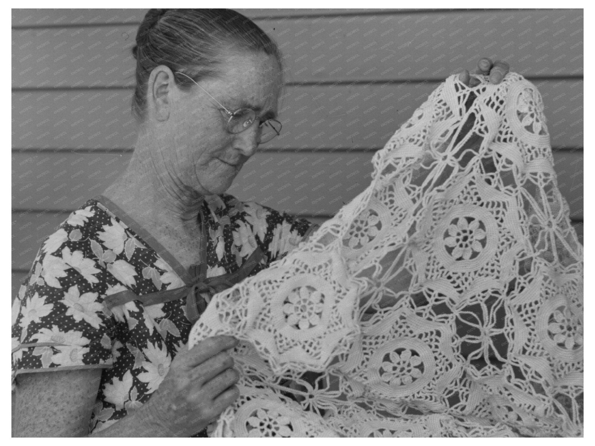 Agua Fria Migratory Labor Camp Woman with Crocheted Bedspread 1940 - Available at KNOWOL