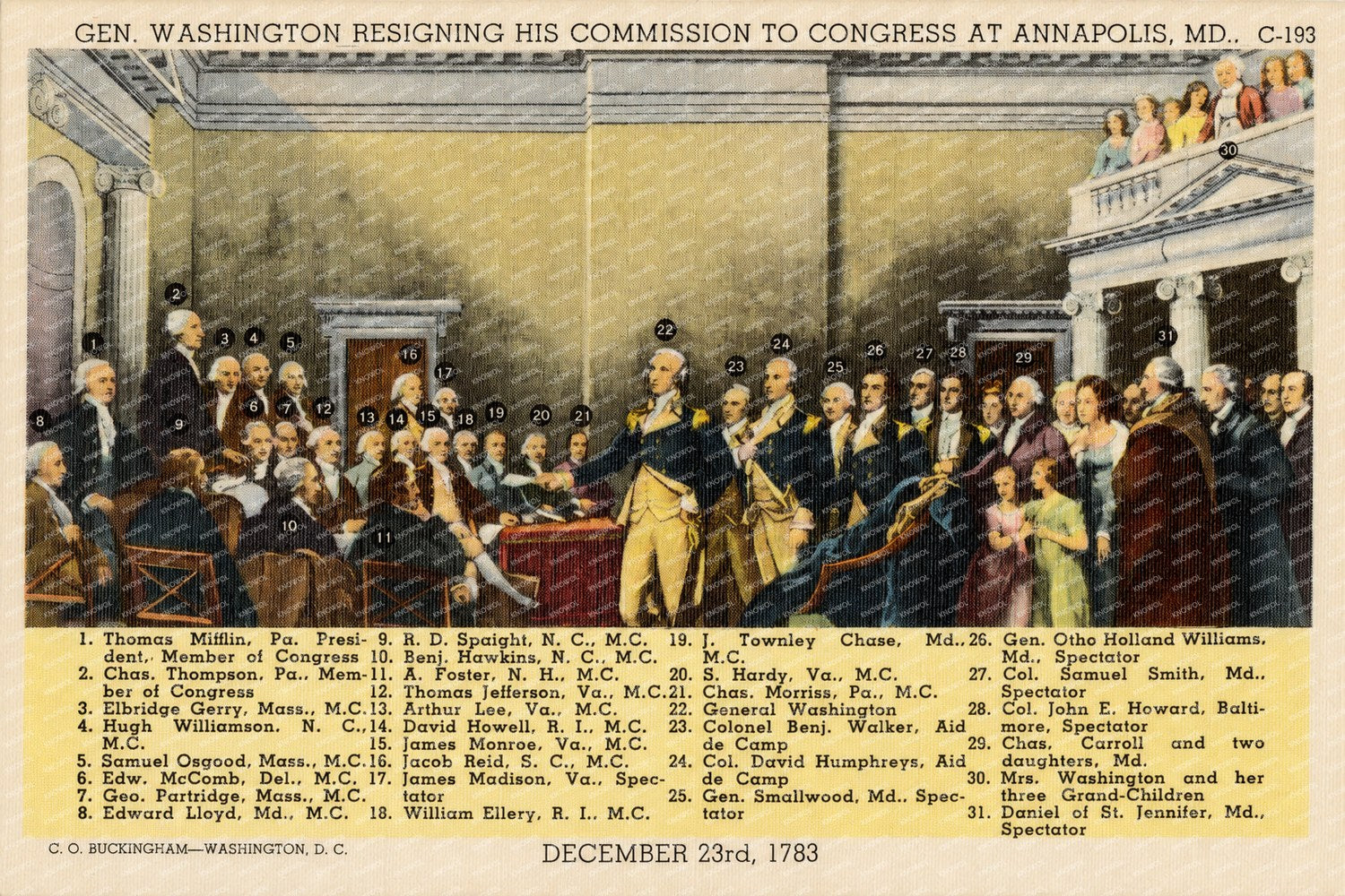 Gen. Washington resigning his commission to congress at Annapolis, M. D., December 23rd, 1783 — Vintage Maryland Postcard