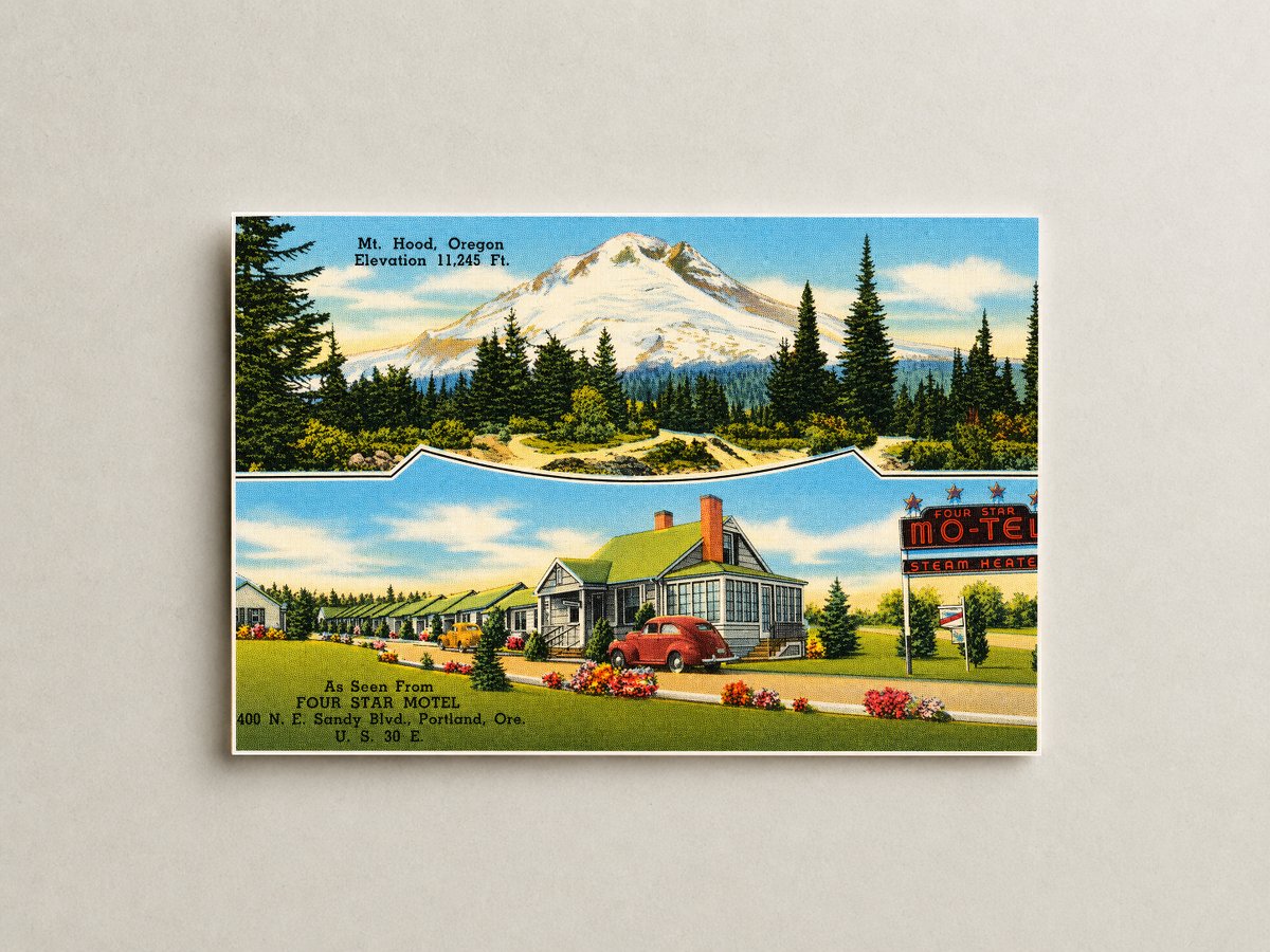 Portland, OR: Mt. Hood, Oregon, elevation 11,245 ft., as seen from Four Star Motel, 9400 N. E. Sandy Blvd., Portland, Ore., U.S. 30 E.