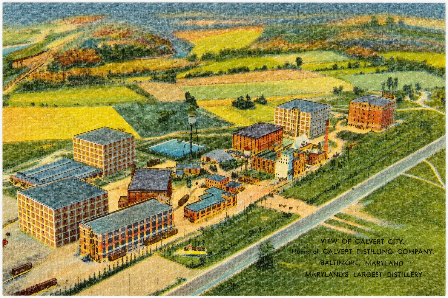 View of Calvert City, home of Calvert Distilling Company, Baltimore, Maryland, Maryland's largest distillery — Vintage Maryland Postcard