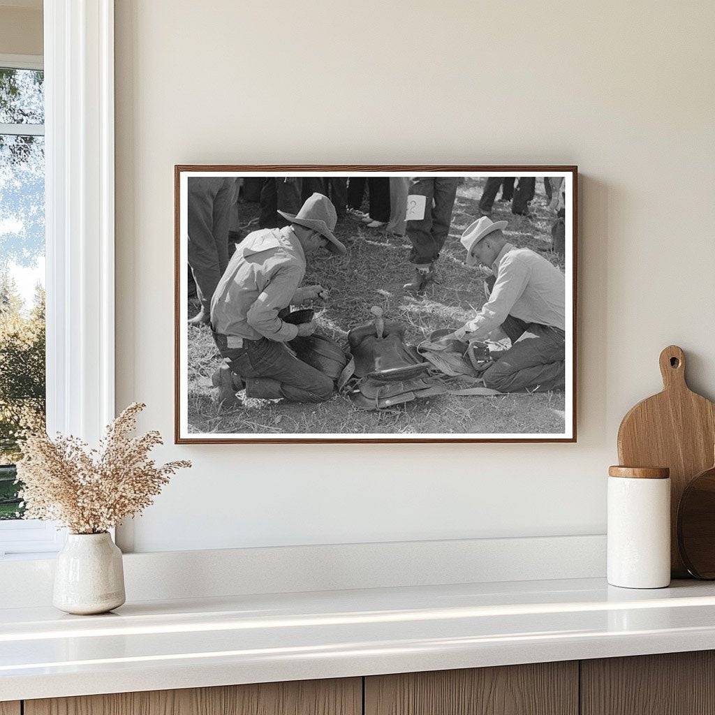 Bean Day Rodeo Contestant Examines Saddle 1939 - Available at KNOWOL