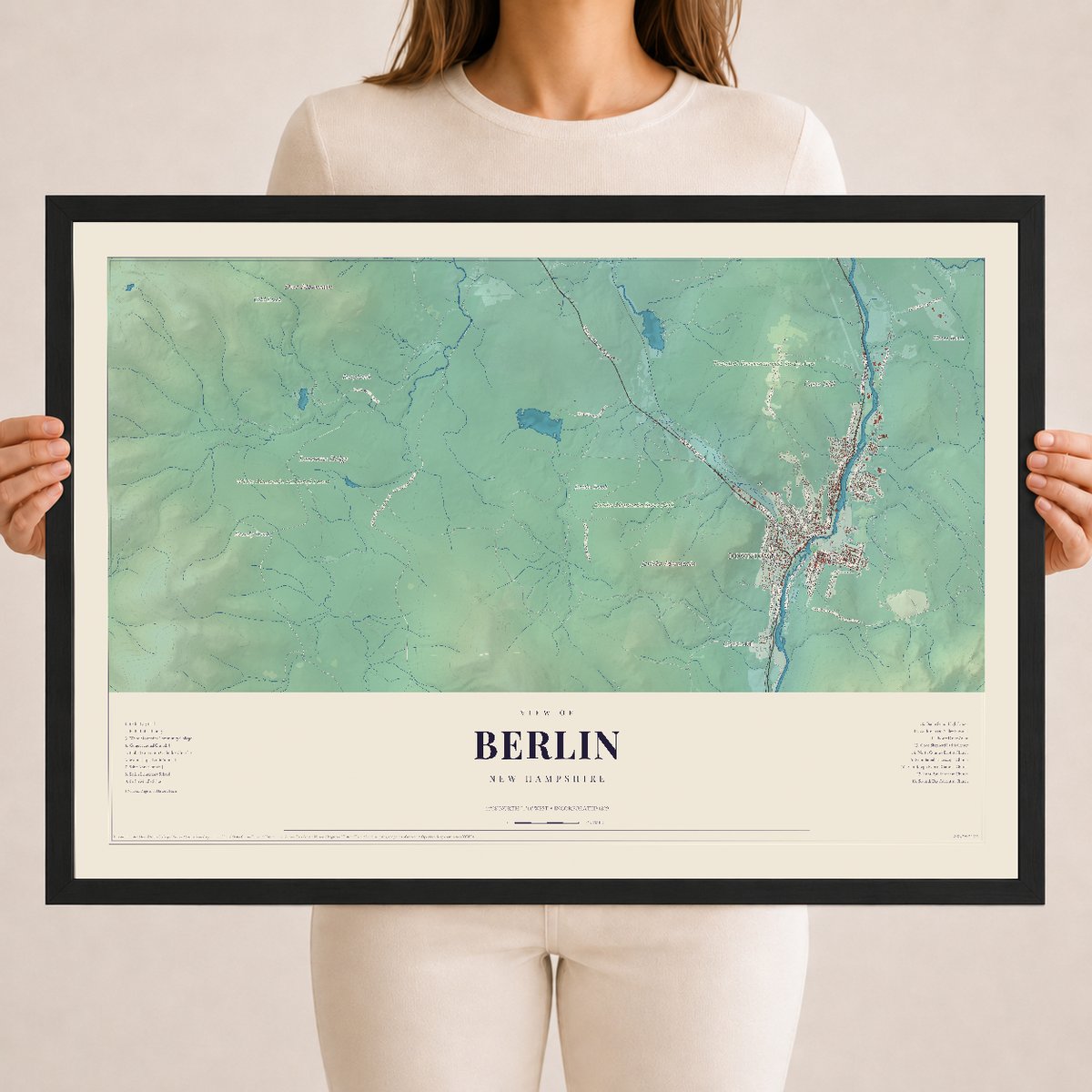 Berlin, New Hampshire map print, 18 x 24 in black wood frame