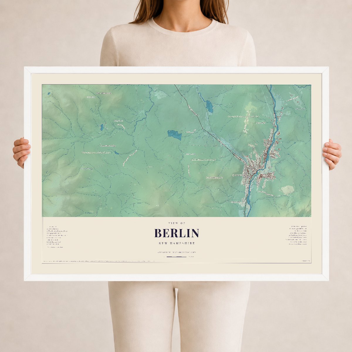Berlin, New Hampshire map print, 24 x 36 in white wood frame