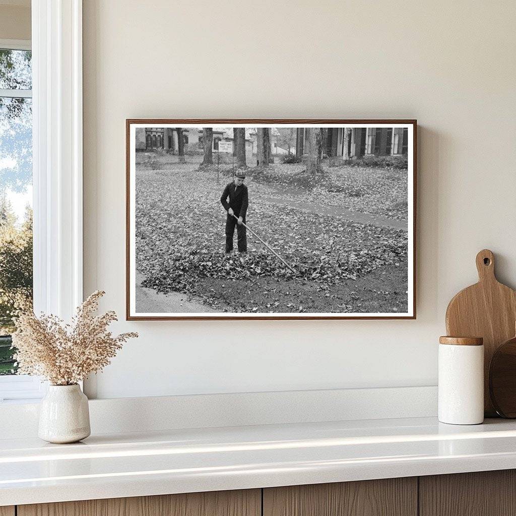 Boy Raking Leaves on Lawn in Bradford Vermont 1939 - Available at KNOWOL