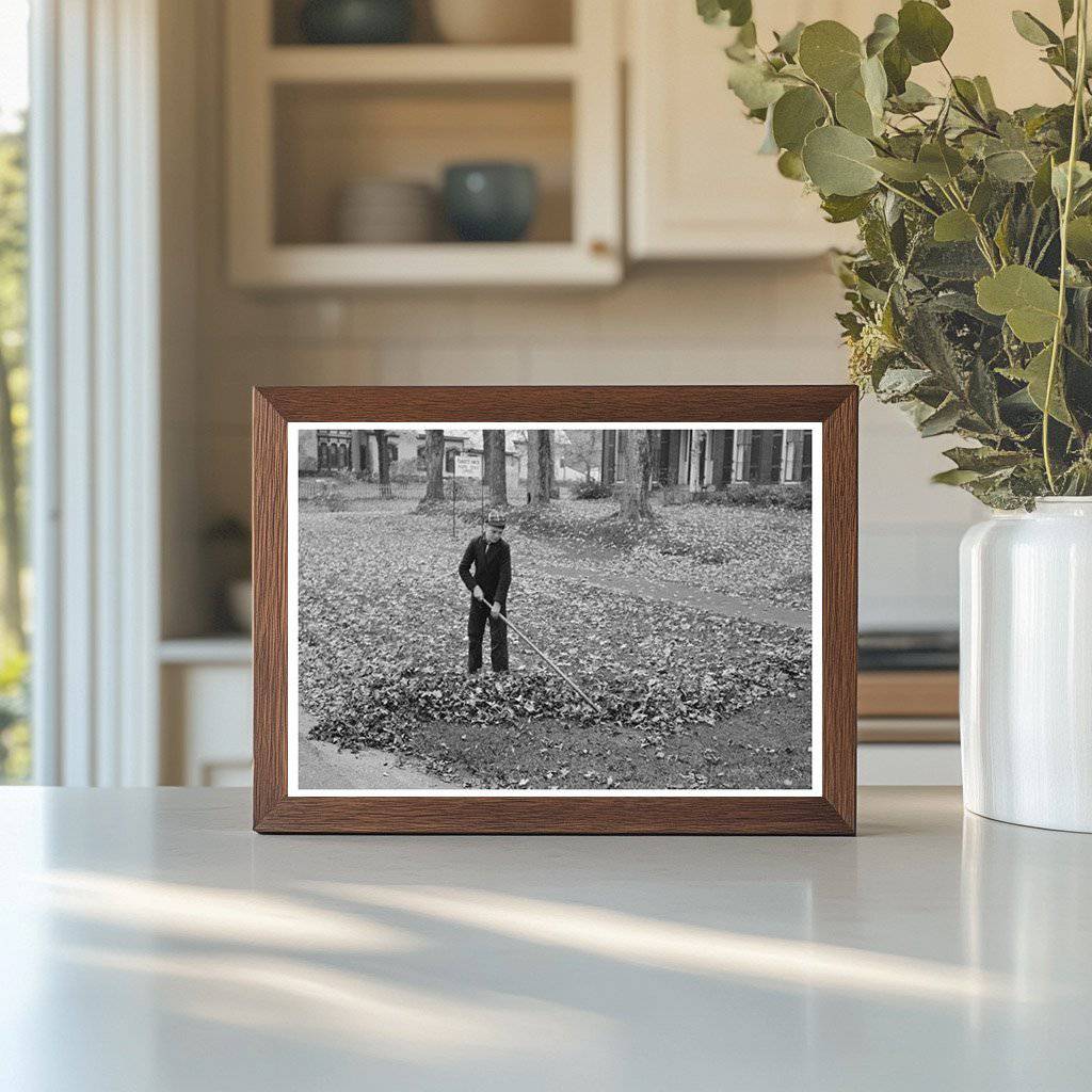 Boy Raking Leaves on Lawn in Bradford Vermont 1939 - Available at KNOWOL