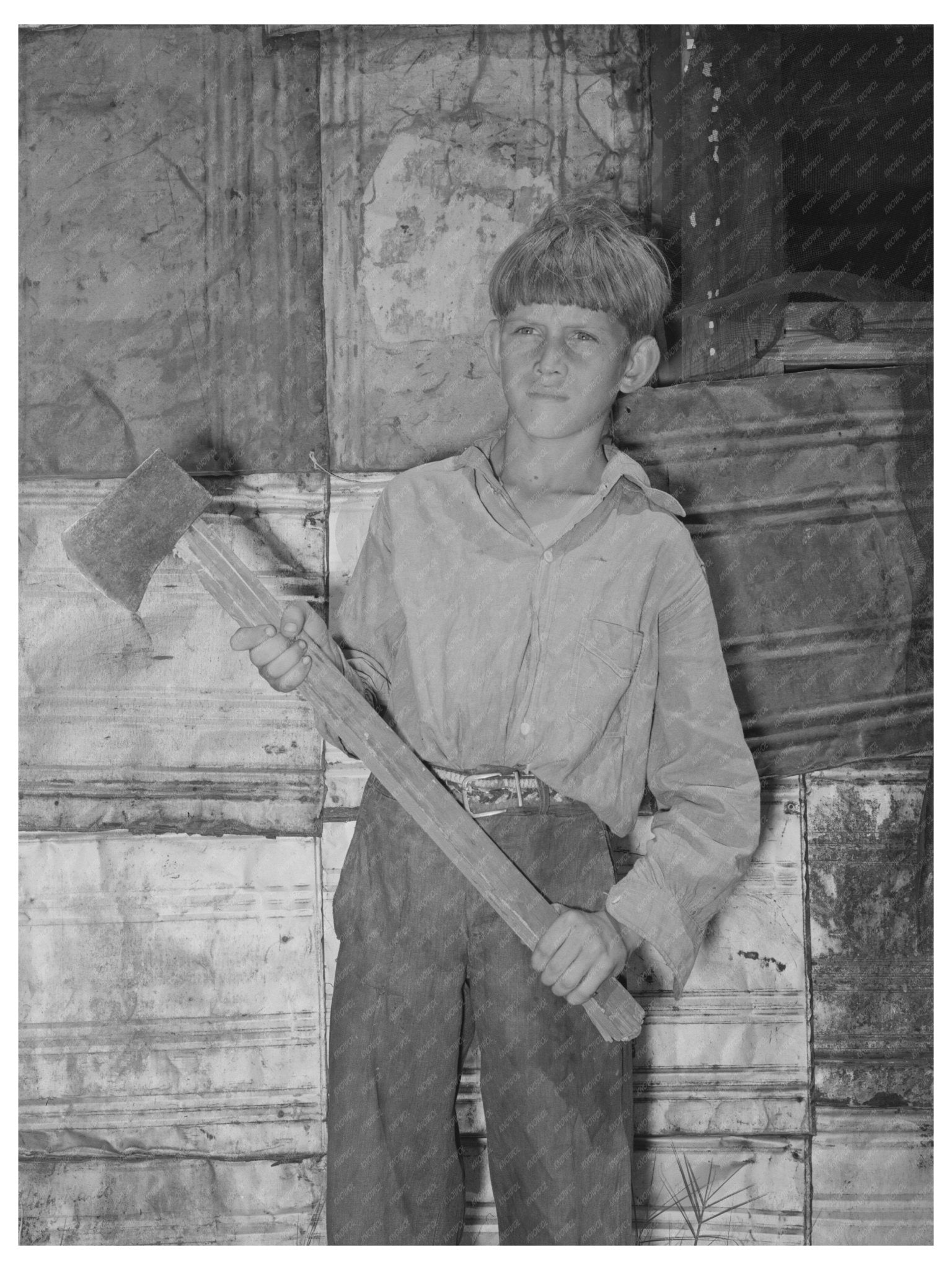 Boy with Homemade Ax in Mays Avenue Camp Oklahoma 1939 - Available at KNOWOL