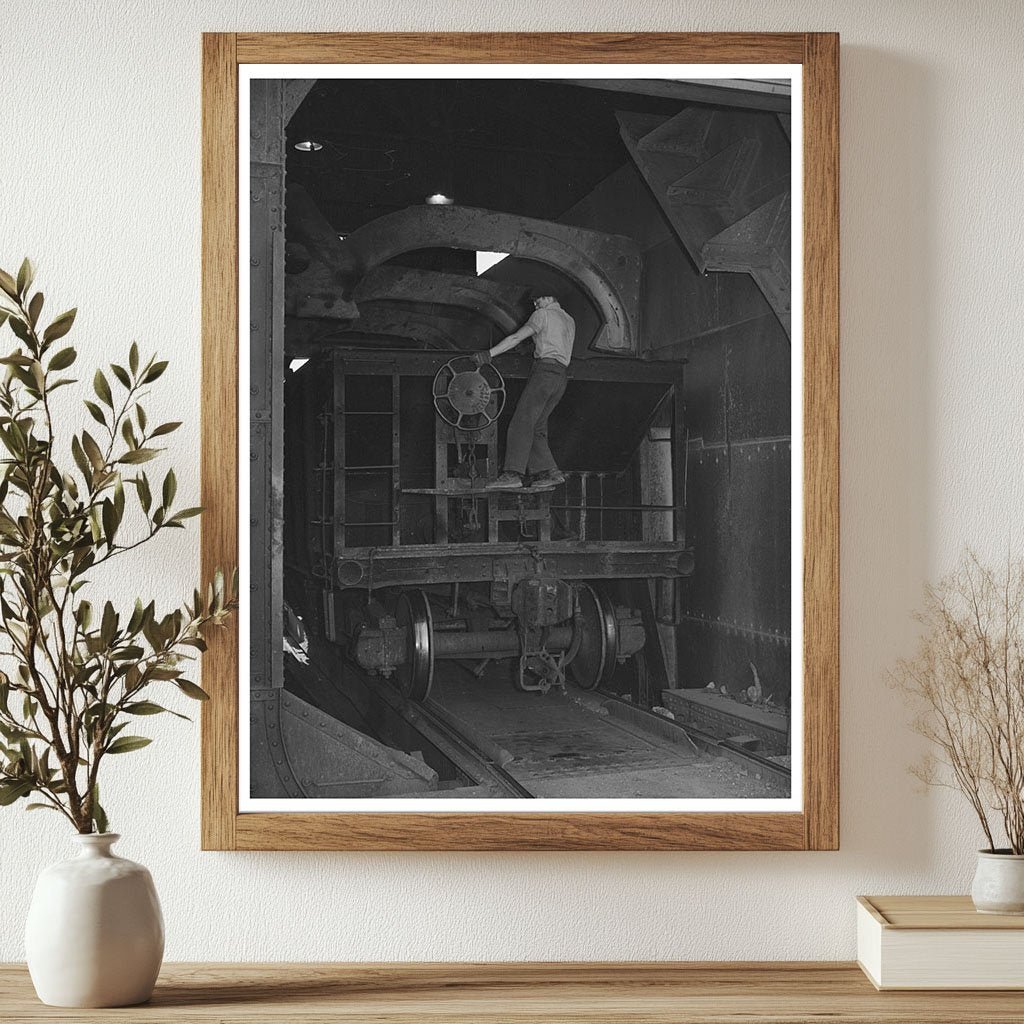 Brakeman Adjusts Ore Car Brakes Anaconda Montana 1942 - Available at KNOWOL