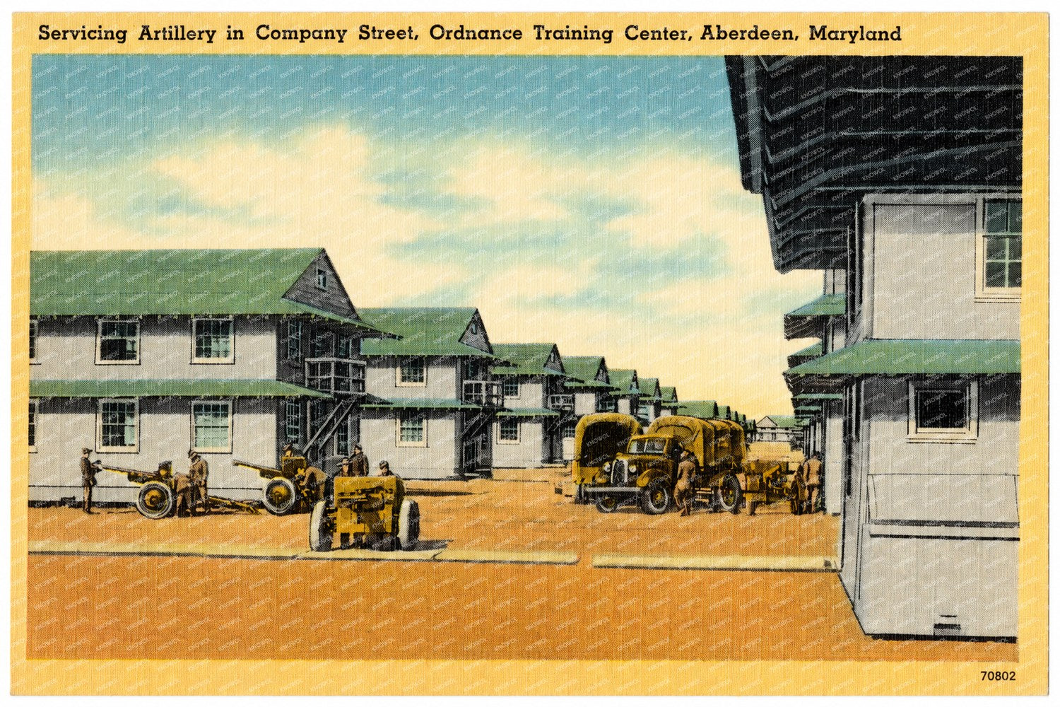 Servicing artillery in Company Street, Ordnanace Training Center, Aberdeen, Maryland — Vintage Maryland Postcard