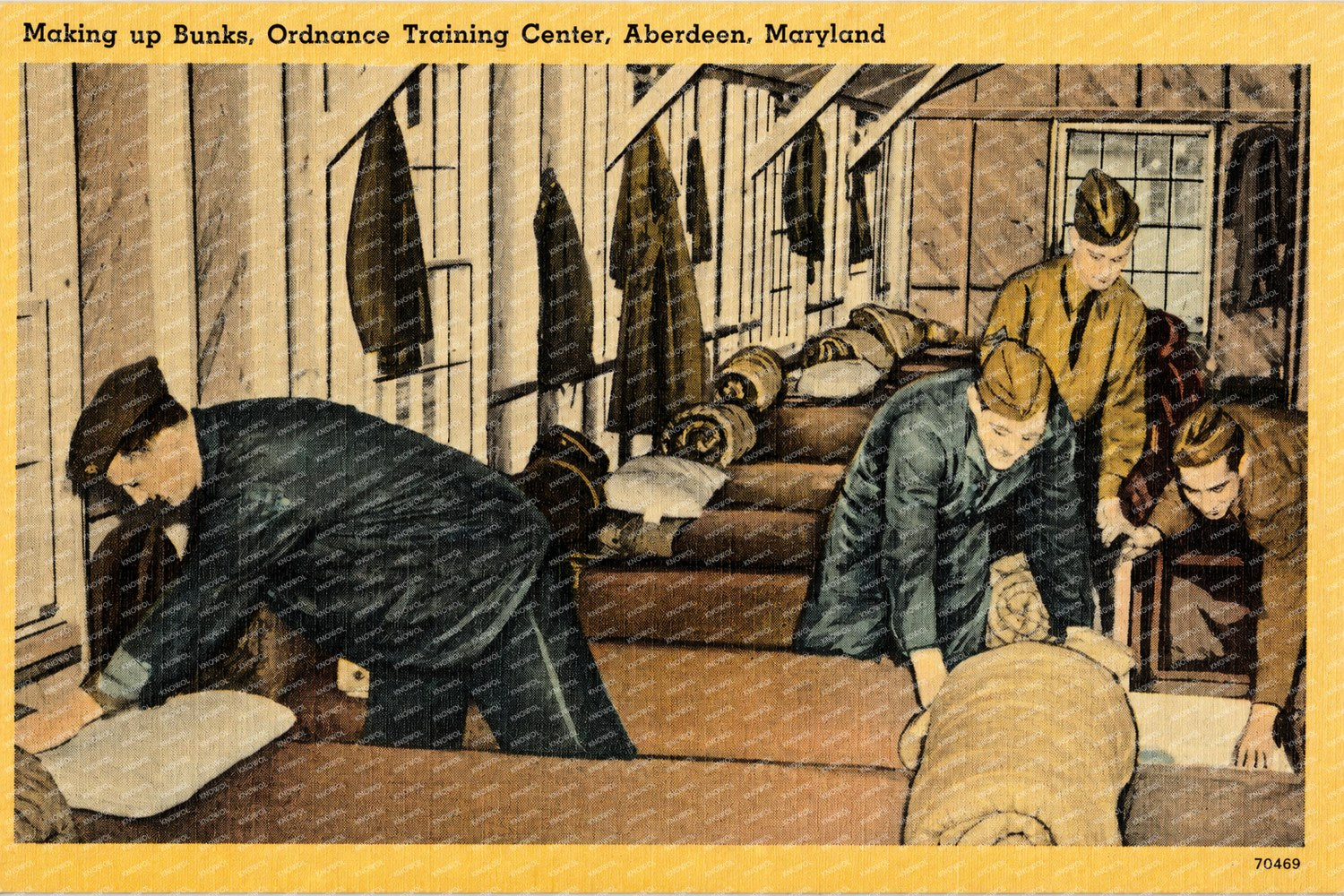 Making up bunks, Ordnance Training Center, Aberdeen, Maryland — Vintage Maryland Postcard