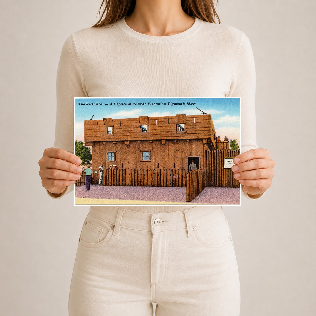 The first fort -- a replica at Plimoth Plantation, Plymouth, Mass. — Vintage Maryland Postcard