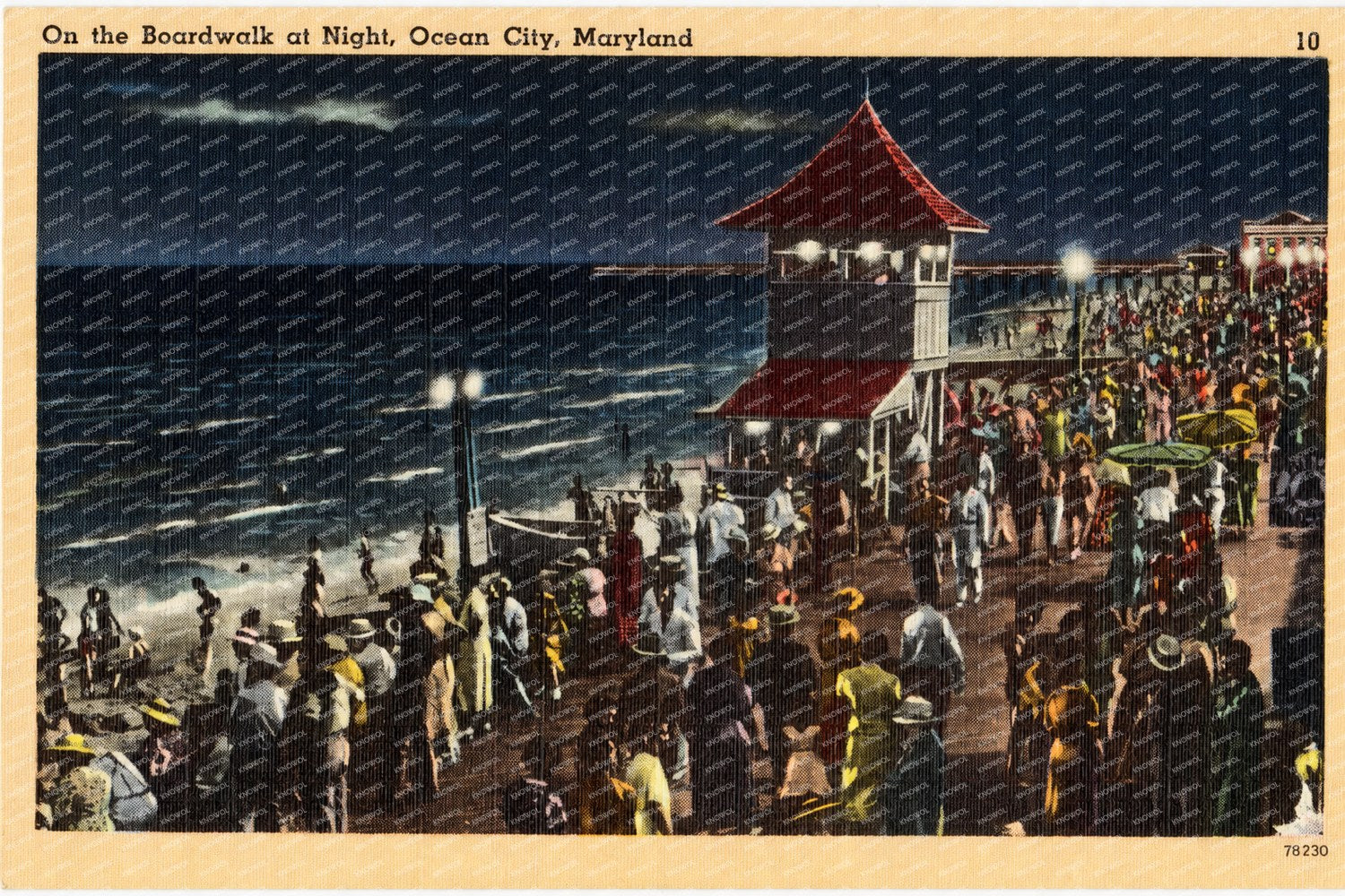 On the boardwalk at night, Ocean City, Maryland — Vintage Maryland Postcard