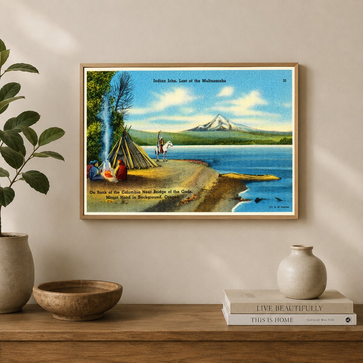 Portland, OR: Indian John, last of the Multnomahs. On bank of Columbia near bridge of the Gods, Mount Hood in background