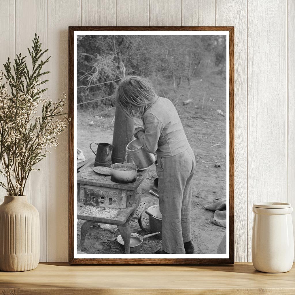 Child Adding Water to Boiling Beans in Texas Camp 1939 - Available at KNOWOL
