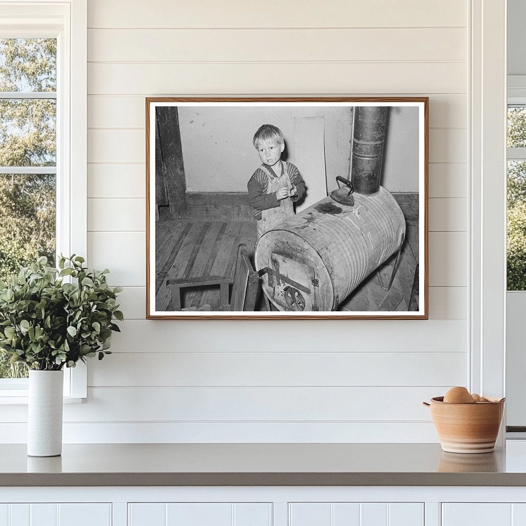 Child by Oil Drum Stove in Jefferson Texas April 1939 - Available at KNOWOL