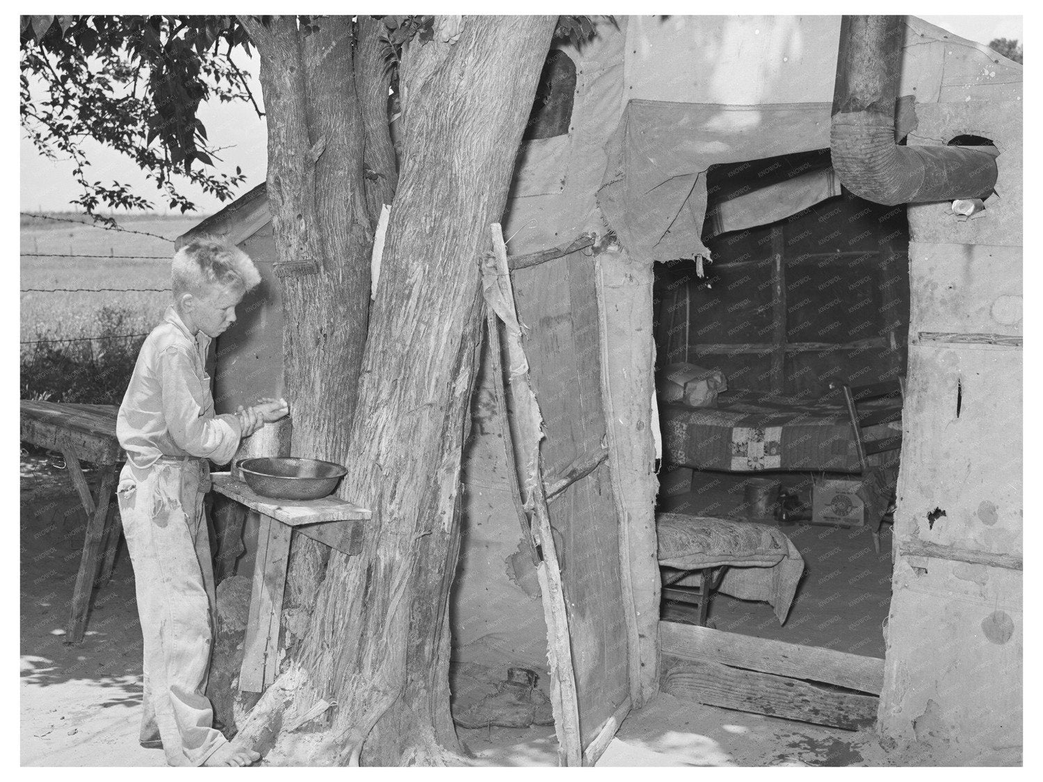 Child Laborer Washing Up in Tent Home 1939 - Available at KNOWOL