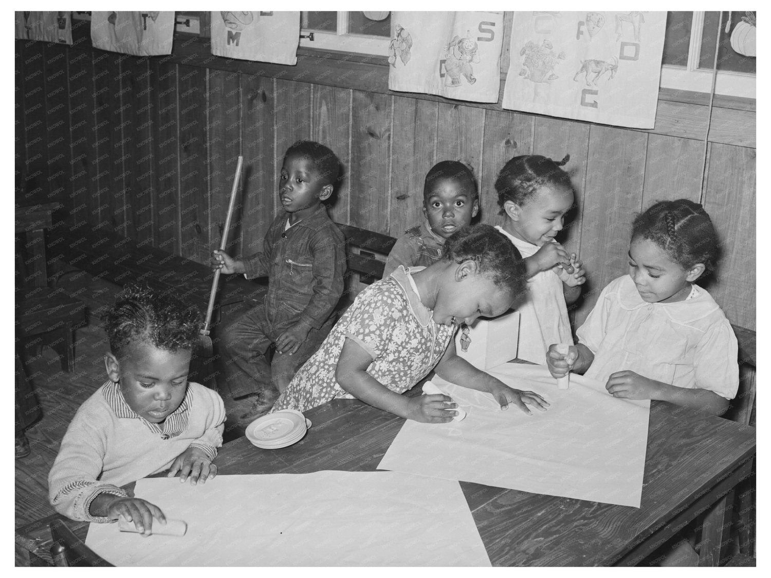 Children Playing with Chalk in Nursery School 1938 - Available at KNOWOL