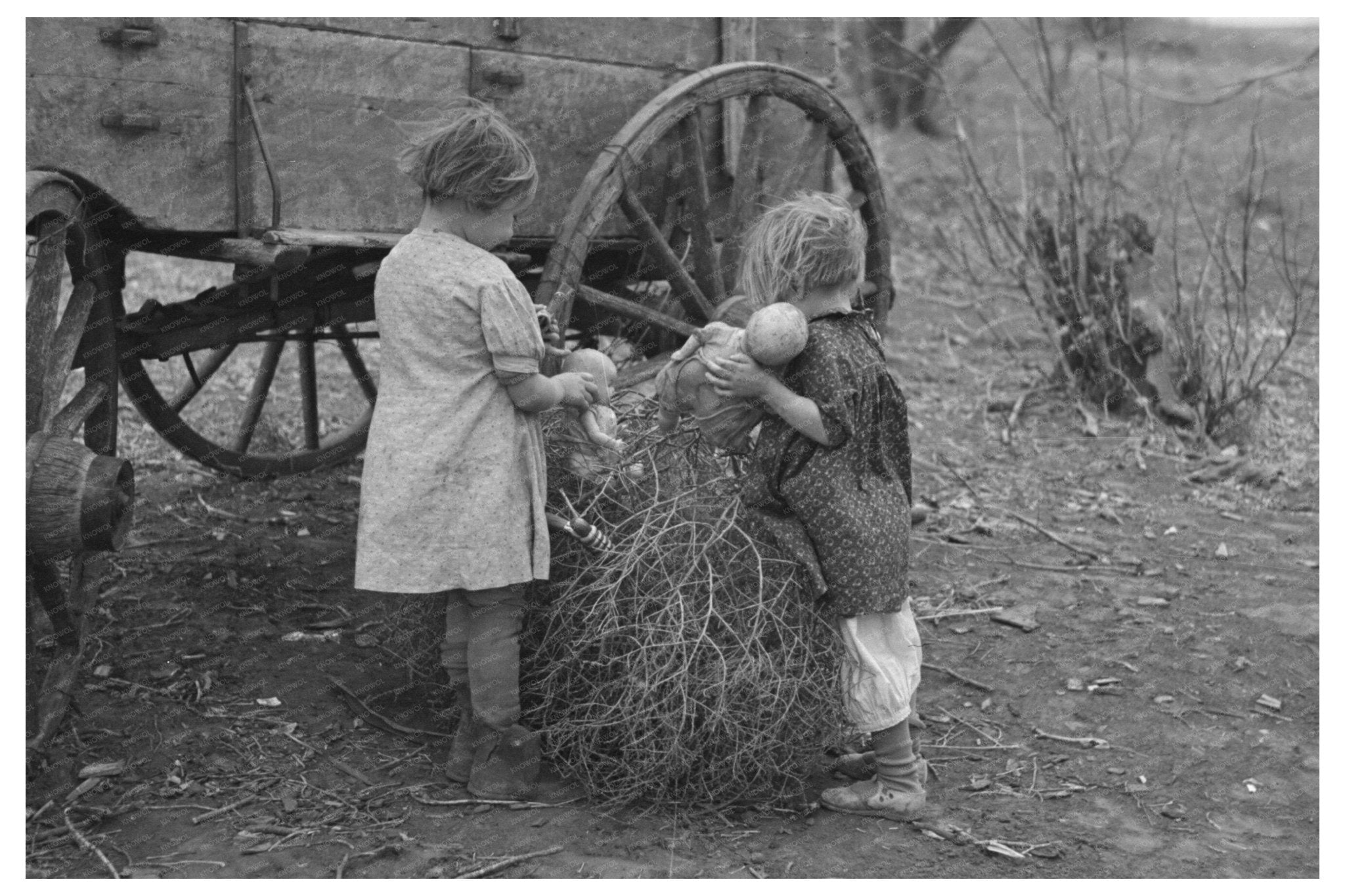 Children with Dolls in Tumbleweeds Smithland Iowa 1936 - Available at KNOWOL