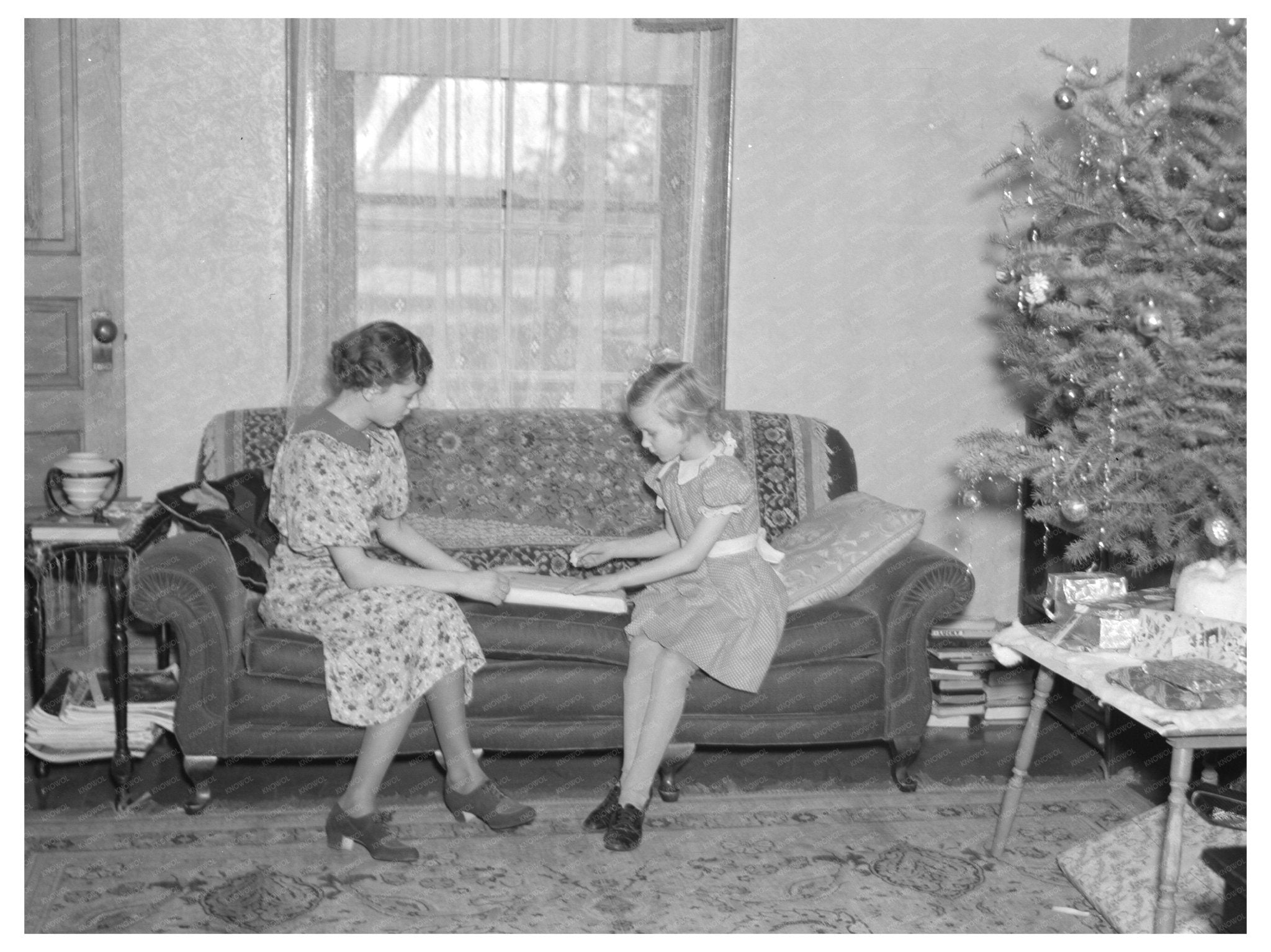 Children Wrapping Christmas Presents on Farm 1936 - Available at KNOWOL