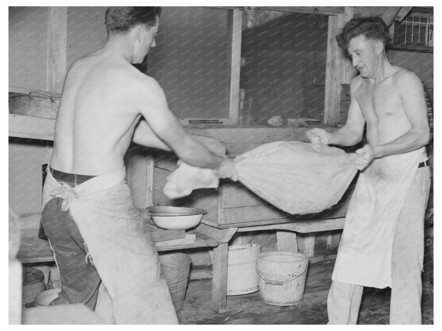 Cooks Dry Silverware at Logging Camp Effie Minnesota 1937 - Available at KNOWOL