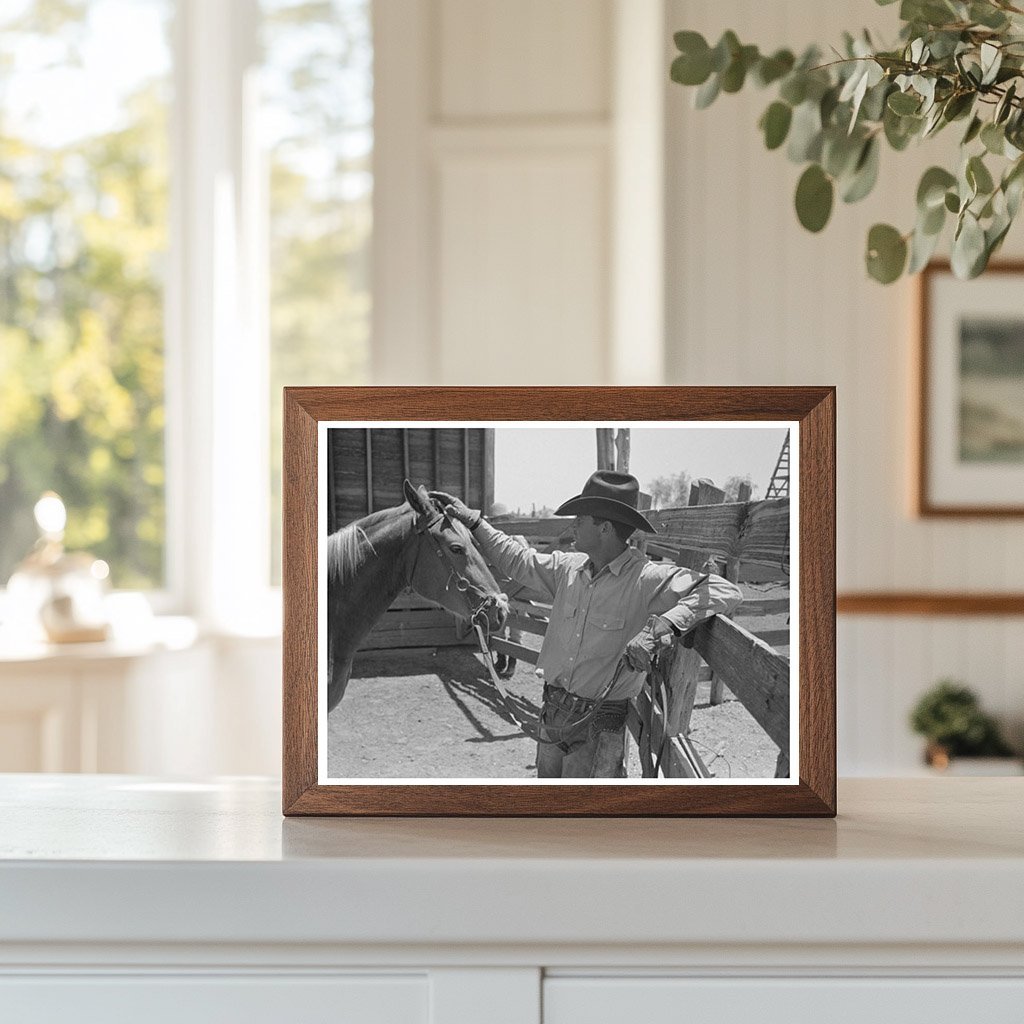 Cowboy Petting Horse at Texas Ranch May 1939 - Available at KNOWOL