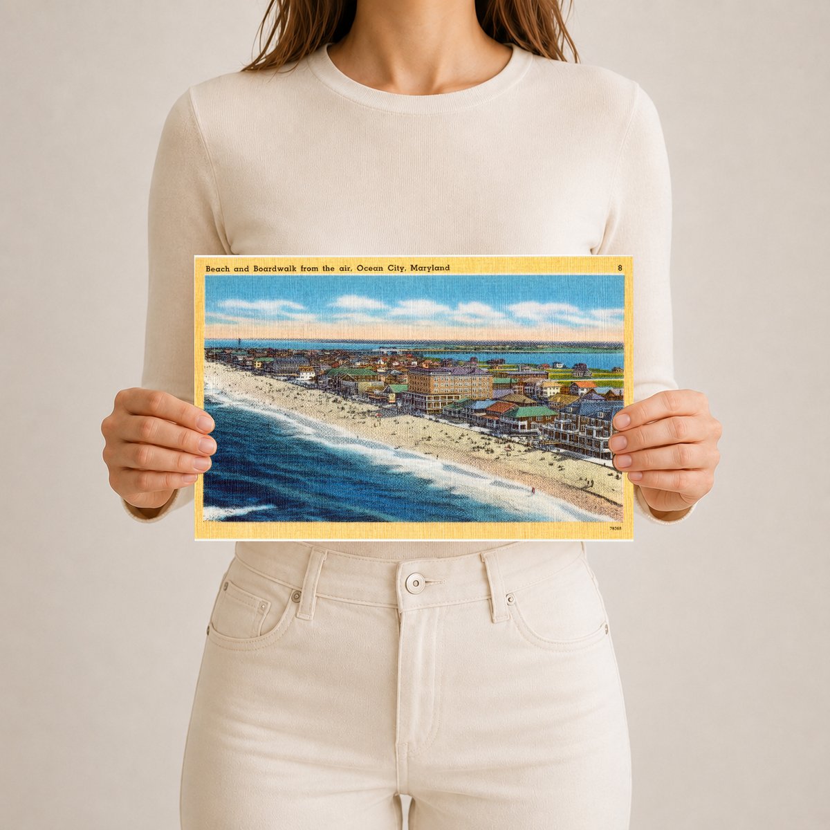 Beach and boardwalk from the air, Ocean City, Maryland — Vintage Maryland Postcard