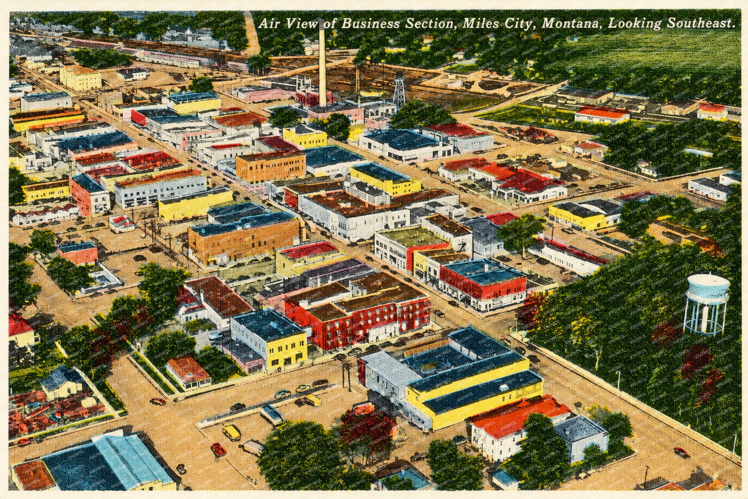 Miles City, MT: Air view of business section, Miles City, Montana, looking southeast 121