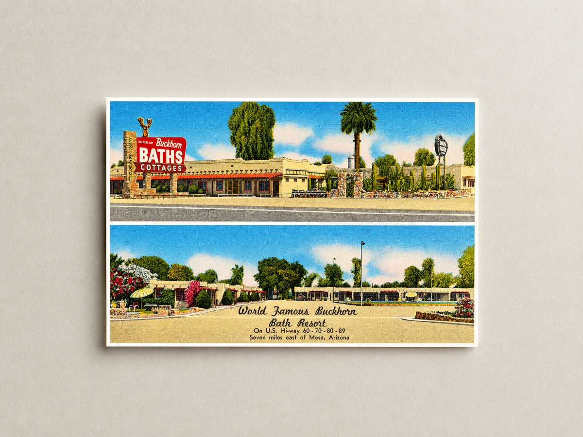 Mesa, AZ: World famous Buckhorn Bath Resort, on U.S. highway 60-70-80-89, seven miles east of Mesa