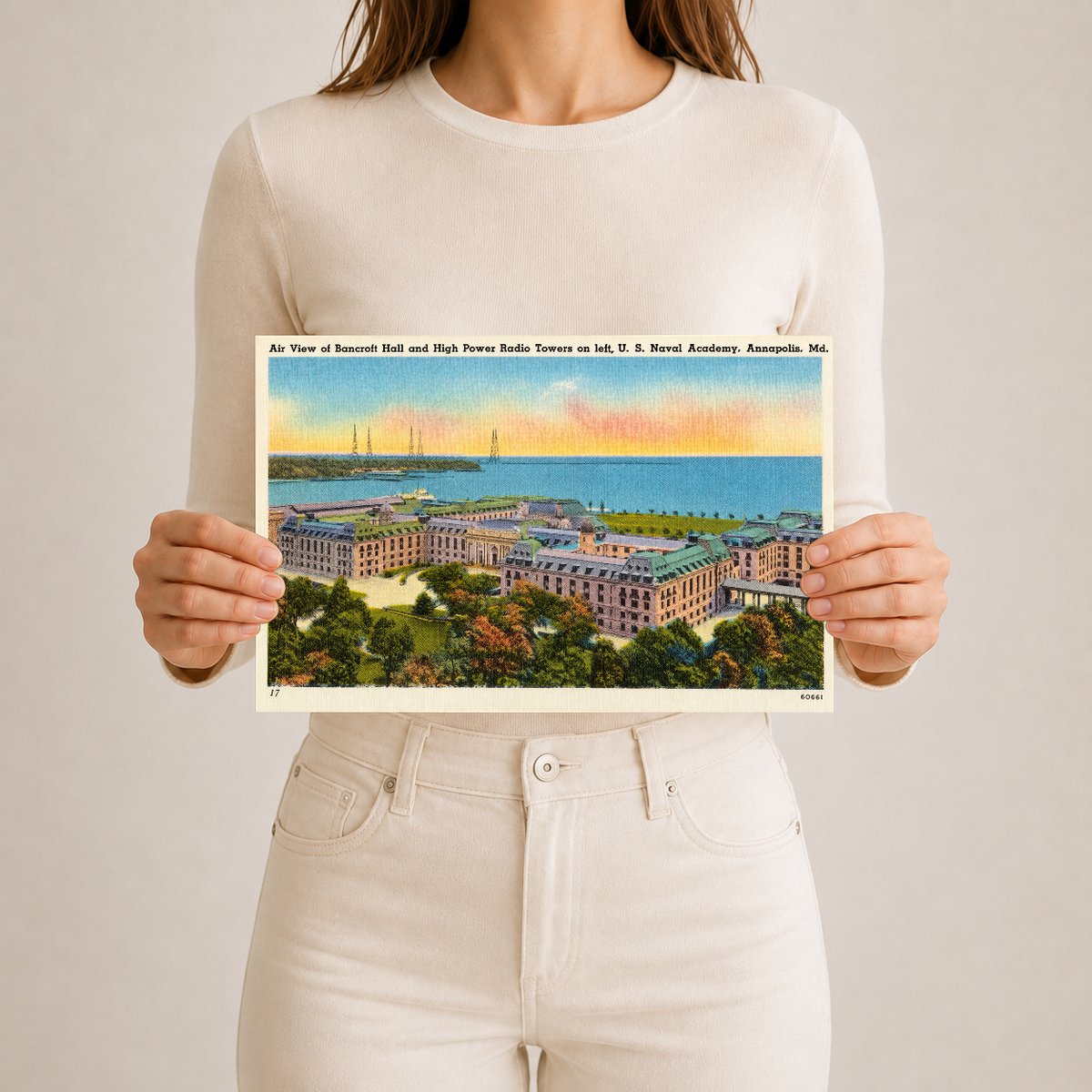 Air view of Bancroft Hall and high power radio towers at left, U. S. Naval Academy, Annapolis, MD — Vintage Maryland Postcard