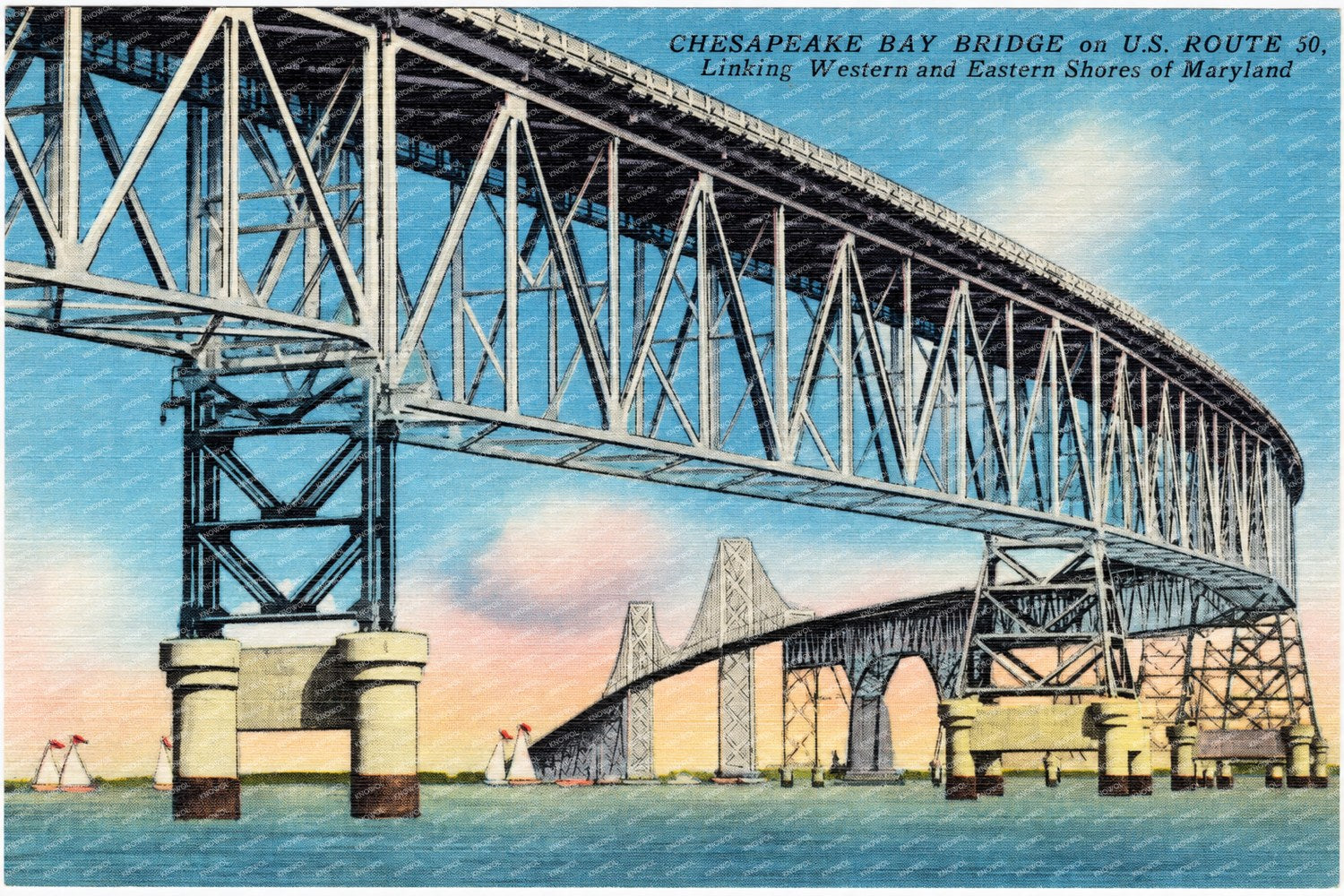 Chesapeake Bay Bridge on U. S. Route 50 linking western and eastern shores of Maryland — Vintage Maryland Postcard