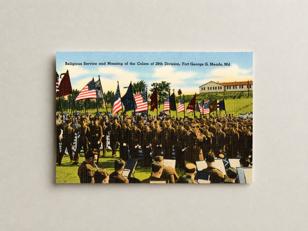 Religious service and massing of the colors of 29th Division, Fort George G. Meade, MD — Vintage Maryland Postcard